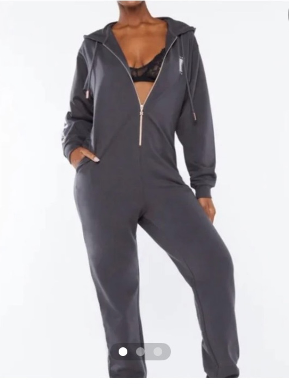 Savage X Fenty Charcoal Zip-Front Showgirl Hooded Onesie